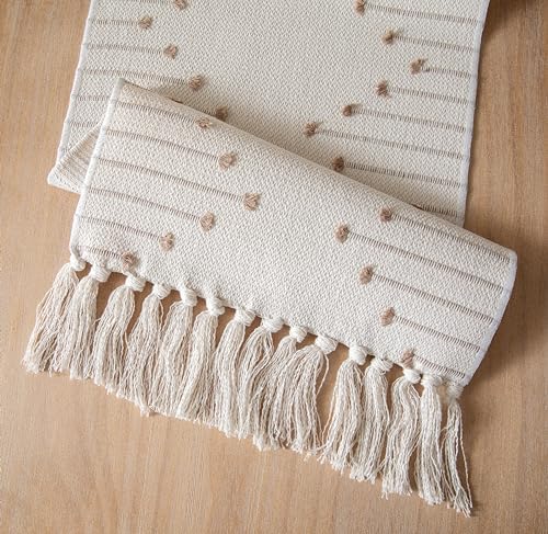 Boho Table Runner 13 x 108 Inch Long Natural Cotton Woven Runner with Tassels for Home Dining Table décor, for Modern Farmhouse Decor Coffee Table Runner, Taupe and Beige