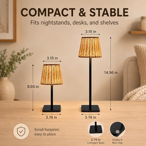 2 Pack Rattan Table Lamp, Rechargeable Small Wicker Lamp
