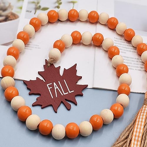 IMIKEYA Thanksgiving Wooden Beads Garland: Farmhouse Wood Bead Garland Hanging Wood with Tassel Maple Leaves Pumpkin for Halloween Party Thanksgiving Fall Harvest Decor