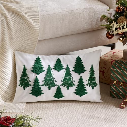 White Christmas Pillow Covers 12x20 Inch Embroidery Green Xmas Trees Decorative Lumbar Throw Pillow Cover Winter Holiday Pillow Case Cushion Cases for Sofa Couch Living Room Decorations