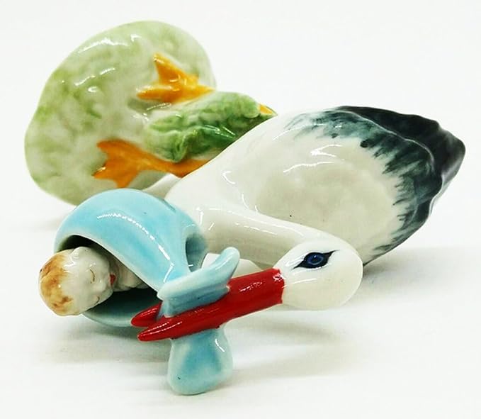 WitnyStore Tiny 3½" High White Stork Bringing Baby in Blue Bundle Figurine - Miniature Hand Made Ceramic Birds Aves Colorful Porcelain Feathered Animals Cute Decorative Collectible Figures Décor Gifts