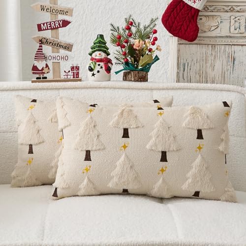 Kevin Textile Christmas Tree Pillow 12x20 Inch Set of 2 Twinkle Golden Star Embroidery Soft Plush Faux Fur Lumbar Cushion for Couch Sofa Holiday Festivals Winter Xmas Gift, Beige