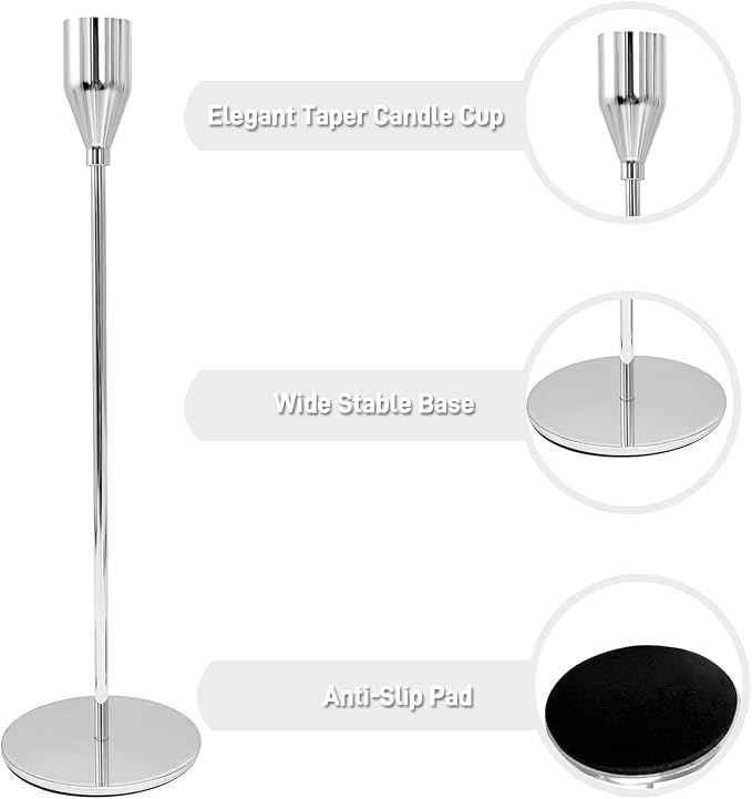 Candlestick Holders, Set of 6 Taper Silver Candle Holder Decor for Date, Festival, Wedding, Party, Dinning or Anniversary, Fit 3/4" Thick Pillar Candles & Led Candles