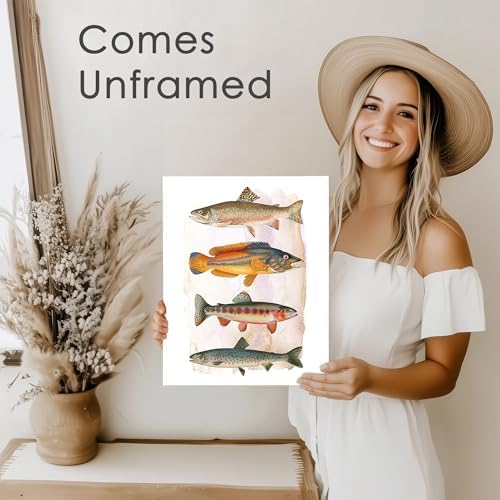 DREAM BIG PRINTABLES Four Fish Art Print - 8x10 (Unframed) | Vintage Fishing Wall Decor for Fisherman