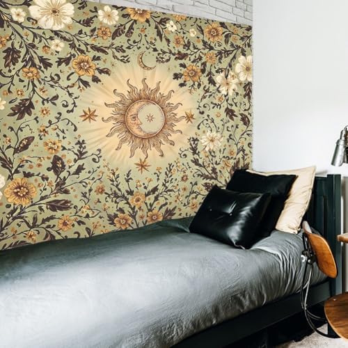Riyidecor Boho Sun and Moon Tapestry 80Wx60H Inch Green Bohemian Retro Floral Flower Leaves Plant Botanical Vintage Hippie Rustic Wall Hanging Artistic Home Dorm Decor Art Living Room Bedroom