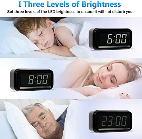 Digital Alarm Clock Battery Operated with LED Display for Bedrooms, Long Battery Life for 12 Months, 3 Brightness Adjustable, 12/24 Hour, Snooze, Black Case with White Digits
