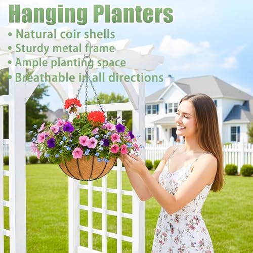 2 Pack 12 Inch Hanging Baskets for Plants Outdoor Metal Hanging Planters Round Hanging Flower Pots with Coco Coir Liner Plant Holder for Outdoor Patio Garden Balcony Decor - Watermelon
