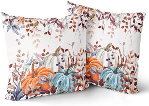 Giwawa Fall Pillow Covers Set of 2 16x16 Inch Orange Blue White Pumpkins Autumn Leaves Thanksgiving Cushion Covers Farmhouse Decorative Square Double Sided Throw Pillowcases for Indoor Outdoor Holiday