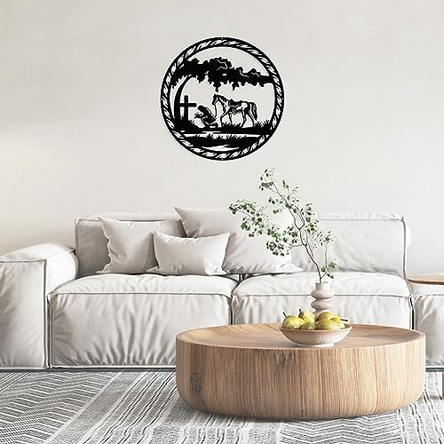 NBEADS Praying Cowboy Metal Wall Art Decor, Round Matte Black Wall Hanging Decor Silhouette Wall Art for Home Bedroom Living Room Bathroom Kitchen Office Hotel Wall Decoration, 11.5"(29.2cm)
