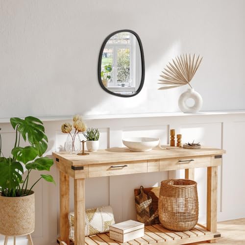 Asymmetrical Wall Mirror with Wood Frame Irregular Modern Hanging Mirrors for Vanity Living Room Bedroom Bathroom Entryway Hallway Modern Unique Decorative Artistic Decor