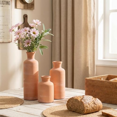 Vintage Ceramic Flower Vase Set of 3, Rustic Farmhouse Vase for Home Decor, Distressed Decorative Vase for Table Entryway Mantel Centerpiece Living Room Bathroom Bedroom (Terracotta)