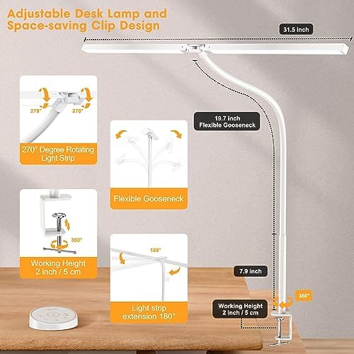 Pzloz Led Desk Lamp for Office Home - Eye Caring Architect lamp with Clamp,Dual Screen Computer Monitor Work Smart Light: 24W 5 Color Flexible Adjustable Lighting Table Lamp for Study White