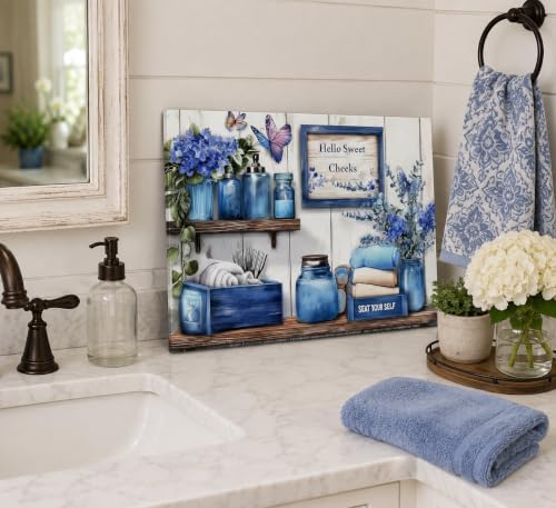 Navy Blue Farmhouse Bathroom Canvas Wall Art Blue Flowers and Butterflies Painting Picture Wall Decor Poster Print Artwork for Toilet Washroom Restroom Home Decoration