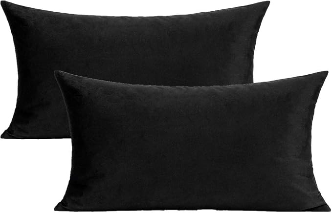 Black Lumbar Velvet Soft Solid Throw Pillow Cases Decorative Rectangle Cozy Cushion Covers Home Decor for Living Room Couch Sofa Car 12x20 Inch Set of 2