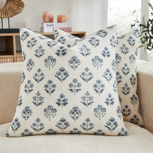 Floral Throw Pillow Covers Set of 2, 20x20 Inches Dusty Blue