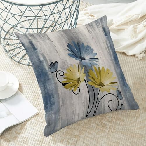 Baby Blue Yellow Floral Pillow Covers 18 x 18 Inch Set of 2 Daisy Floral Butterfly Decorative Throw Pillow Covers Linen Rustic Farmhouse Cushion Cases for Home Sofa Couch Living Room Decor