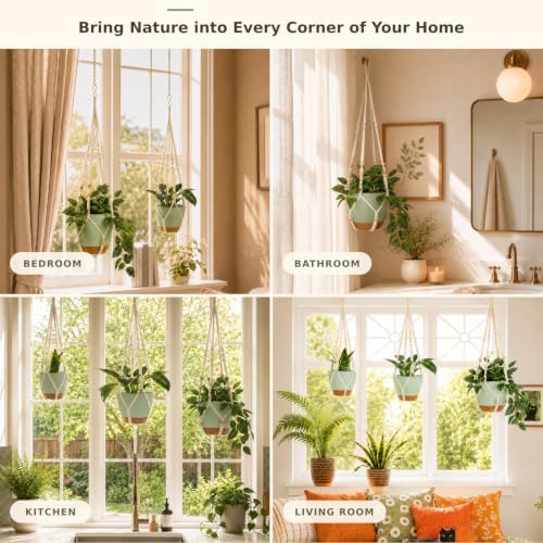 Bouqlife Large Hanging Planters with Macrame Plant Hangers for Indoor Outdoor Plants 3 Set 10" / 8" / 7" Self Watering Pots Hanging Baskets Flower Pot Holders 3 Different Size Green Large