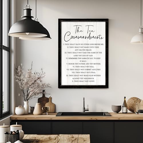 The Ten Commandments Rustic Bible Verse Framed Wall Art, 11''×16'' Narrow Holy Religious Christian Saying Sign for God Jesus Christ Prayer, Vintage Positive Inspirational Catholic Scripture Decor