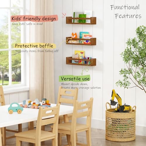 Harwaya Walnut Brown Nursery Book Shelves Wall Mounted, Wooden Floating Bookshelf for Kids Room Bedroom, Dark Wood Nursery Bookshelves for Kitchen Classroom Playroom (Solid Pine, 3-Pack)