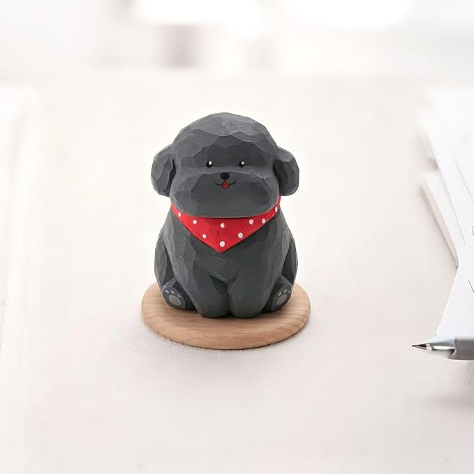 Hand-Carved Wooden Gray Teddy Dog Figurine, 2.7" Gray Puppy Statue with Base for Car Dashboard, Desk & Home Decor, Gift for Dog Lovers