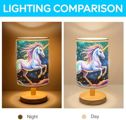 Unicorn Table Lamp LED 3-Color Pressed Bedside, Unicorn Shade Lamp with Wood Base for Bedroom Living Room Desk Office TL01
