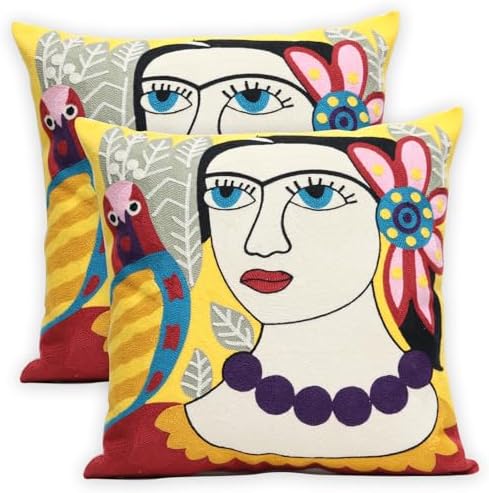 2 Pcs Embroidered Decorative Throw Pillows Covers for Sofa Decor Cushion Cases 18 x 18 Inch (Necklace Lady)