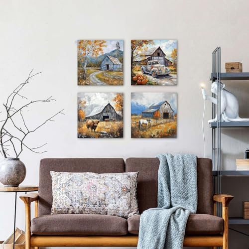 Colorful Wildflower Wall Art Farmhouse Barn Pictures Wall Decor Autumn Forest Painting Rustic Windmill Truck Horse Canvas Prints Country Artwork for Bedroom Living Room Home Decoration 20x20" 4Pcs