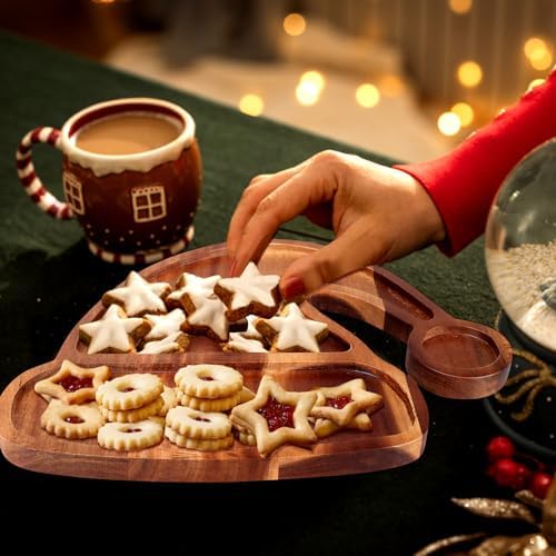 Acacia Wood Christmas Hat Tray - Decorative Serving Platter, Festive Plate, Xmas Dish & Wooden Charcuterie Board for Holiday Gift, Cheese, Fruit, Veggie & Cookie, Food, Snack, 14” x 11”