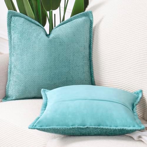 MADIZZ Decorative Chenille Velvet Throw Pillow Covers Set of 2 Soft Boho Textured Neutral Couch Throw Pillow for Bed Modern Farmhouse Home Decor for Sofa Livingroom Turquoise 20x20 Inch