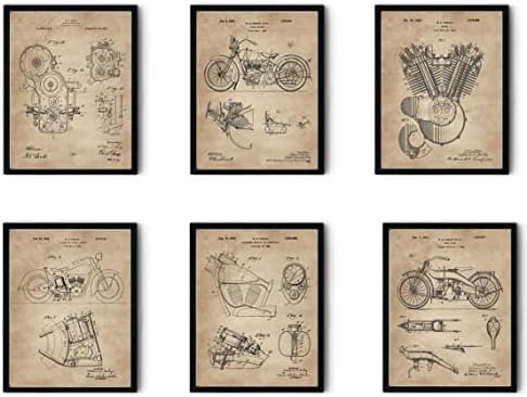 Harley Motorcycle Wall Art Set of 6, Man Cave Decor Gift, 8"x10" Framed | Industrial biker-themed illustrations suit garages, bars and offices, arriving ready to hang for riders and collectors