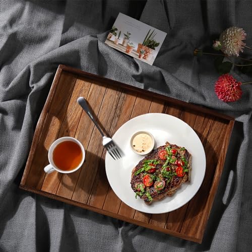 Large Acacia Wooden Serving Tray with Handles 20 x 14 inch Decorative Coffee Table Ottoman Tray for Living Room Extra Large for Kitchen Dinner Food Bar Breakfast in Bed (Color Natural)