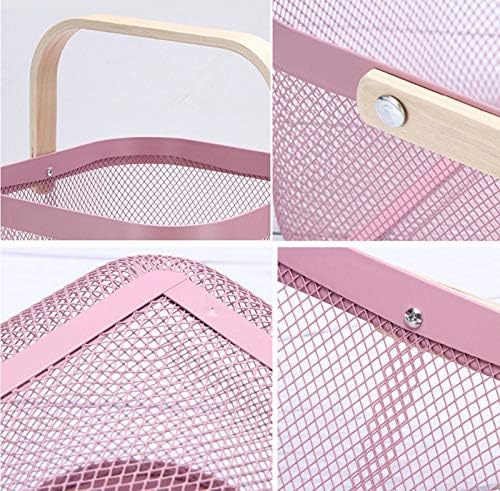 AJIODA Metal Mesh Steel Basket, Storage Organizer Basket Multi-functional Hanging Kitchen Baskets Fruit Basket Bin with Bamboo Handle for Kitchen Bathroom Picnic Shopping Decor Cabinet Home, Pink
