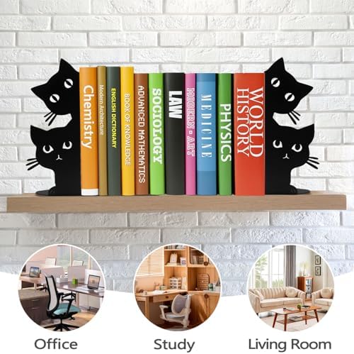 Peeping Cat Bookends for Shelves Decorative, Metal Book Ends for Heavy Books Book Stopper for Office Home Cute Desk Bookshelf Decor Cat Lover Gifts for Women (Black)