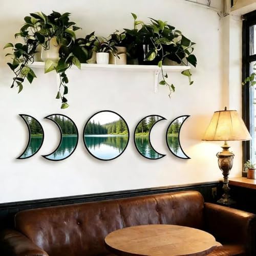 5-piece Set of Moon Phase Mirror Decorations in Nordic Style, Acrylic Mirror paired with Wooden Combination, Bohemian Style Living Room Bedroom Home Decoration, Black (Black)