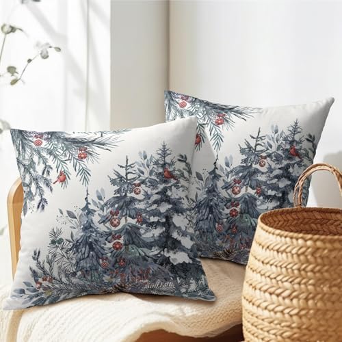 Christmas Tree Throw Pillow Covers 16x16 Inch Set of 2 Winter Watercolor Blue Grey Pine Trees Berry Bells Birds Decorative Pillowcase Xmas Holiday Cotton Linen Cushion Cover for Home Sofa Couch Patio