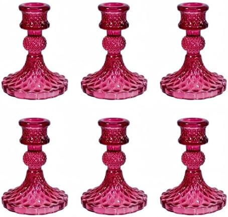 Glass Candlestick Holder,Striped Taper Candle Holders,Set of 6 Candle Stand for Table Centerpieces, Home Decor,Weddings,Festival and Parties (GCH002-Purple Dimond)