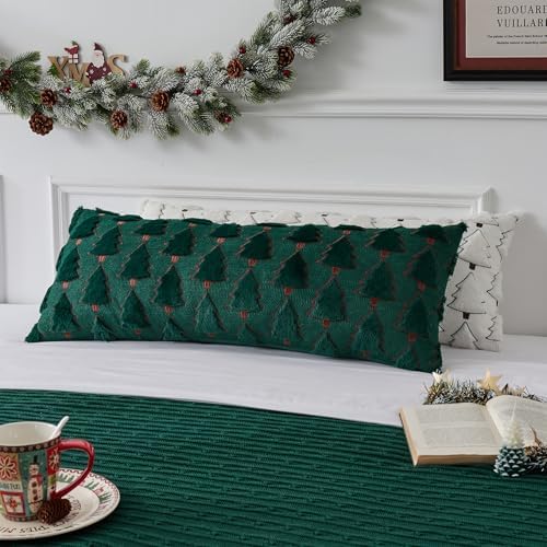 UGASA Christmas Tree 14x36 Inch Long Lumbar 1 Pack Soft Plush Faux Fur Luxury Embroidery Rectangle Cushion Case for Couch Sofa Holiday Festivals Winter Xmas Gift, Dark Green
