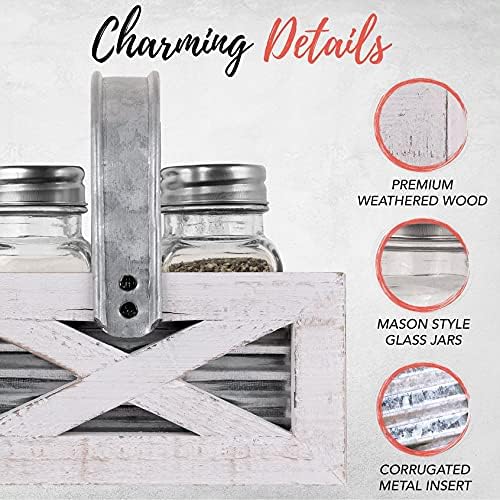 Autumn Alley Farmhouse Napkin Holder and Salt and Pepper Shakers Set - Wood Holder with Barn Door Motif, Galvanized Metal - Rustic Napkin Holder for Country Kitchen Decor (White)