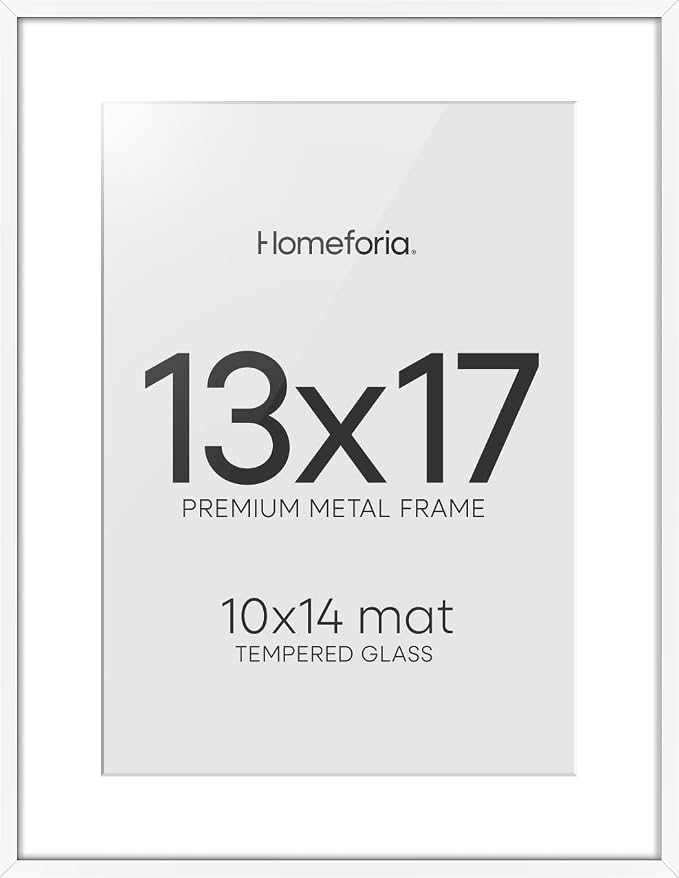 Homeforia 13x17 White Picture Frame, High-End Metal, 10x14 Mat, Glass