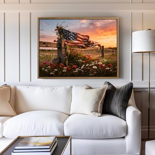 American Flag Framed Canvas Wall Art, 4th of July Patriotic Canvas Prints | Wildflower Meadow Landscape Poster Print, Vintage Rustic Independence Day Wall Decor for Bedroom Living Room 16×20in
