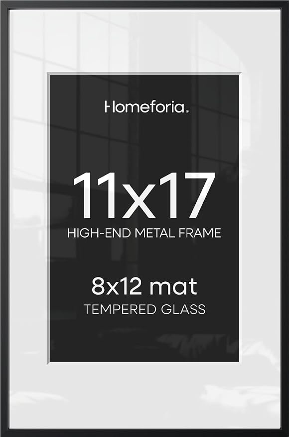 Homeforia 11x17 Black Picture Frame, High-End Metal, 8x12 Mat, Glass