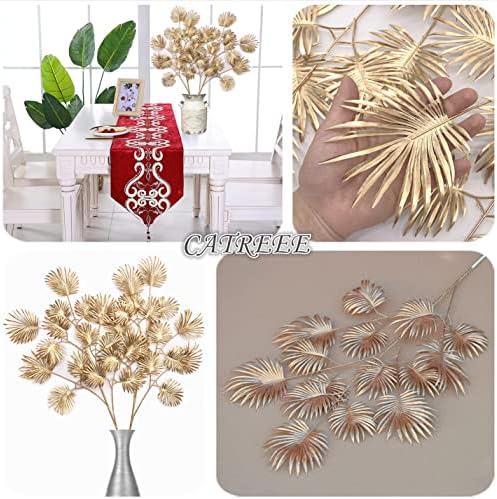 Artificial Golden Plants for Christmas Decor, Tall 30 Inch Faux Palm Leaves Plastic Fan Leaf Fake Tropical Monstera Tree for Indoor Outdoor Wedding Party Big Vase Filler DIY Decoration - Gold 2 Pack