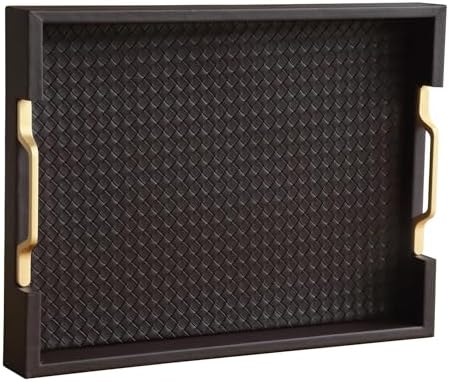 HofferRuffer Faux Leather Rectangle Serving Tray Decor Platter with Gold Metal Handles for Coffee Table, Breakfast, Tea, Food, Countertop, Kitchen, Butler Tray, 16.2 x 12.2 x 2 inches (Coffee)