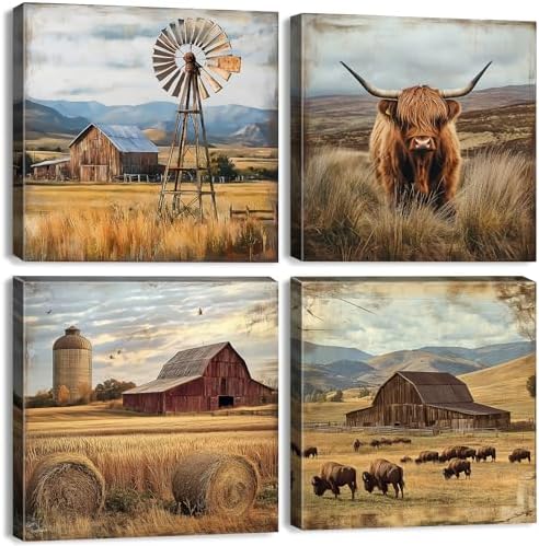 Farmhouse Wall Art Cow Pictures Wall Decor Rustic Barn Windmill Scenery Pictures Country Wilderness Canvas Prints Painting Poster Modern Artwork for Kitchen Living Room Home Decoration 20x20" 4Pcs