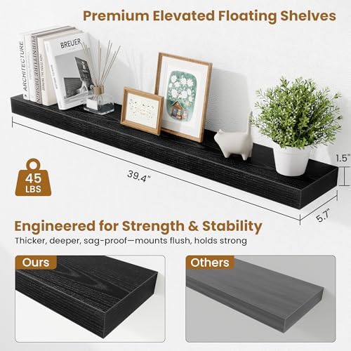 Fun Memories 40 Inch Floating Shelves, Long Wood Wall Shelf Set of 2 with Invisible Brackets, for Bathroom, Living Room, Bedroom, Kitchen, Black