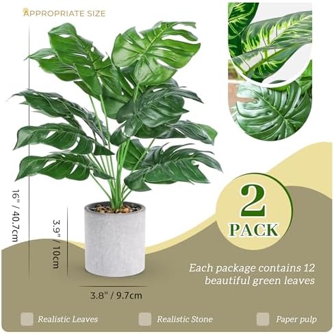 2 Pack 16" Fake Plants Monstera for Desk Shelf Decor