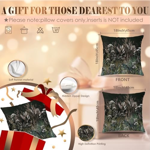 Moody Meadow Botanical Pillow Cover 18x18 Double-Sided, Dark Academia Cottagecore Nature Forest Green Pampas Grass Wildflower Decorative Throw Pillow Cover for Home Bedroom Living Room
