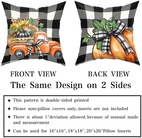 Giwawa Fall Pillow Covers Set of 2, Orange Autumn Truck Pumpkins Throw Pillowcases 18x18 Inches with Black White Buffalo Plaids, Soft Cotton Square Cushion Cover for Sofa Couch Bedding Home Decor