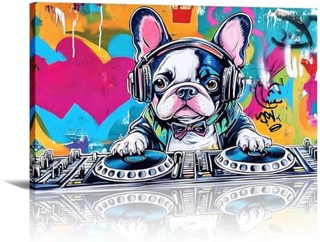 French Bulldog Canvas Art Wall Decor Framed Funny DJ Dog Picture Graffiti Painting Pop Prints Modern Artwork for Living Room Bedroom Home Office Ready to Hang - 20.00"x30.00"