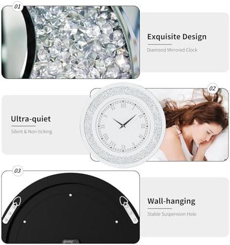Crushed Diamond Wall Clock: Round Mirrored Clock 23.6 inch Silver